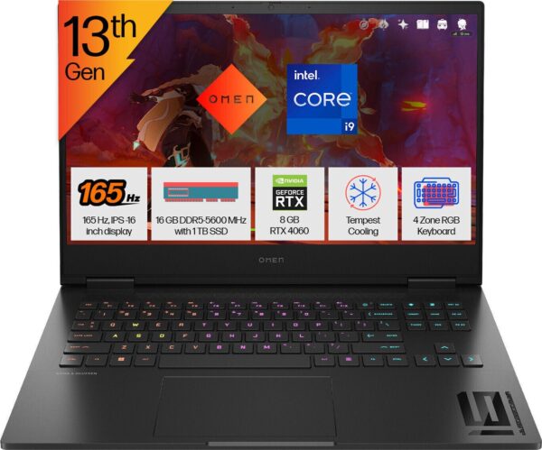HP OMEN Intel Core i9 13th Gen 13900HX - (16 GB/1 TB SSD/Windows 11 Home/8 GB Graphics/NVIDIA GeForce RTX 4060) 16-wf0148TX Gaming Laptop  (16.1 inch, Shadow Black, 2.35 Kg, With MS Office)
